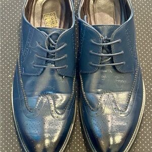 Blue and Black Bi-Color Leather Wingtip Oxfords with Broguing